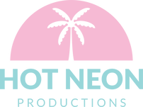 Logo for Hot Neon Productions - a pink half moon shape with a white palm tree silhouette